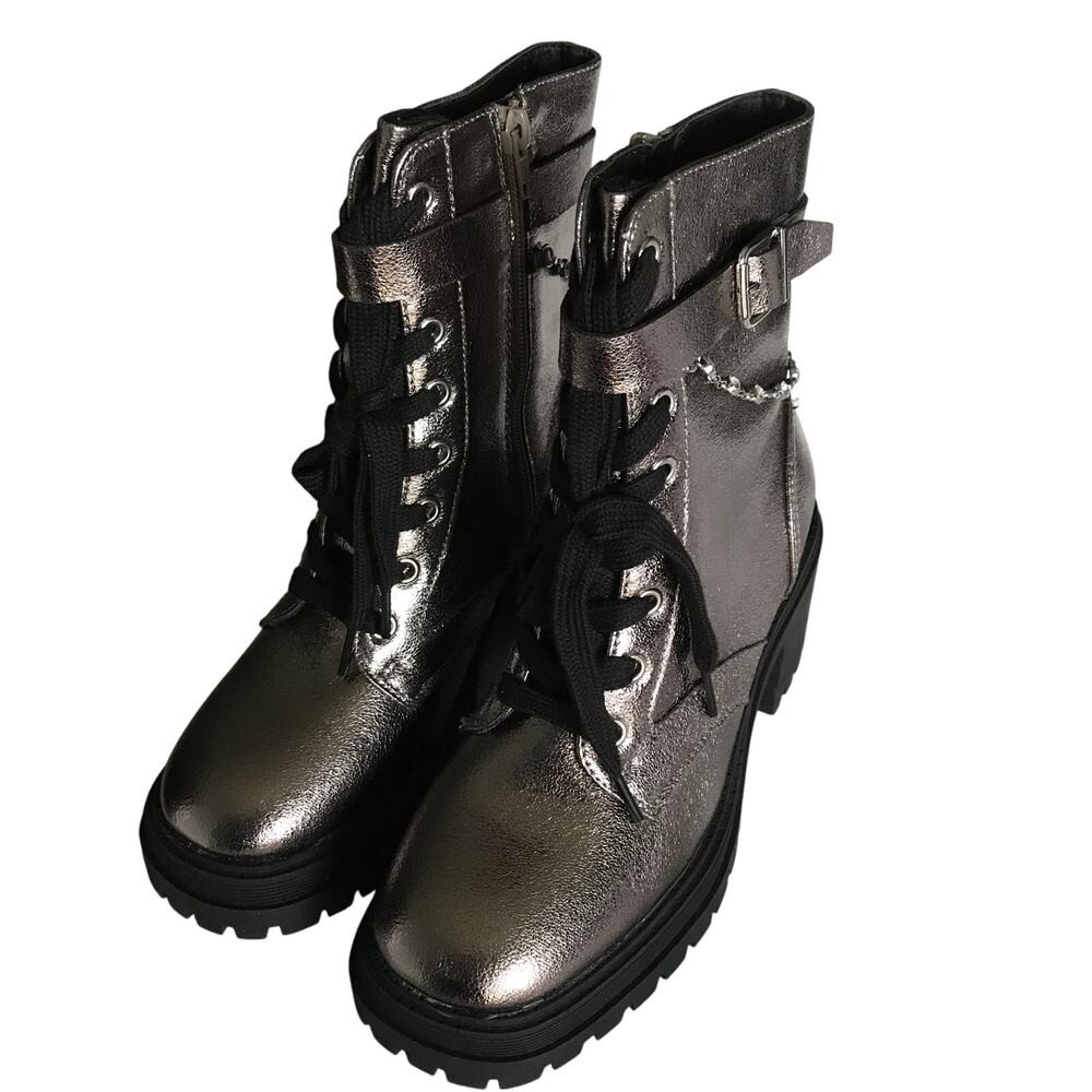 Pop Boots Size 6M Women Pewter Metallic Rhinestone Chain Zip Lug Sole Combat NWT